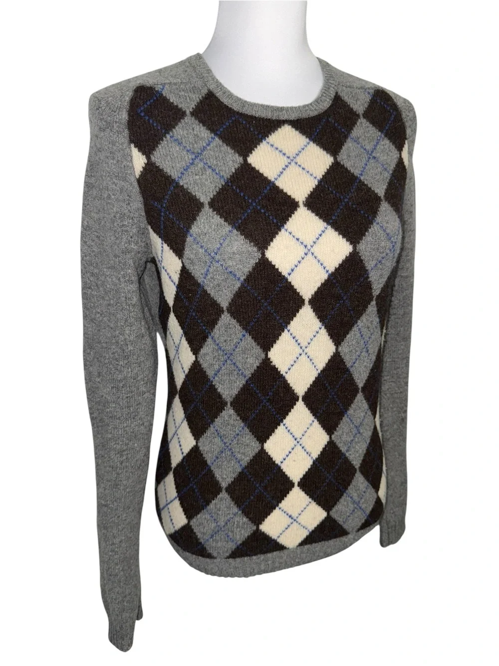 J.Crew 100% Lambswool Argyle Sweater Gray Blue Brown‎ Women’s Small Crewneck